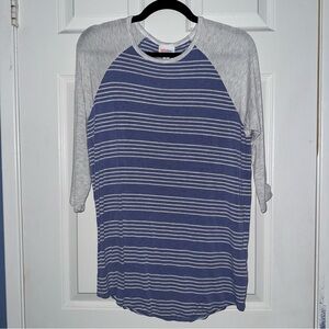 Lularoe Striped Blue & White Raglan Randy  Tee Sz Medium